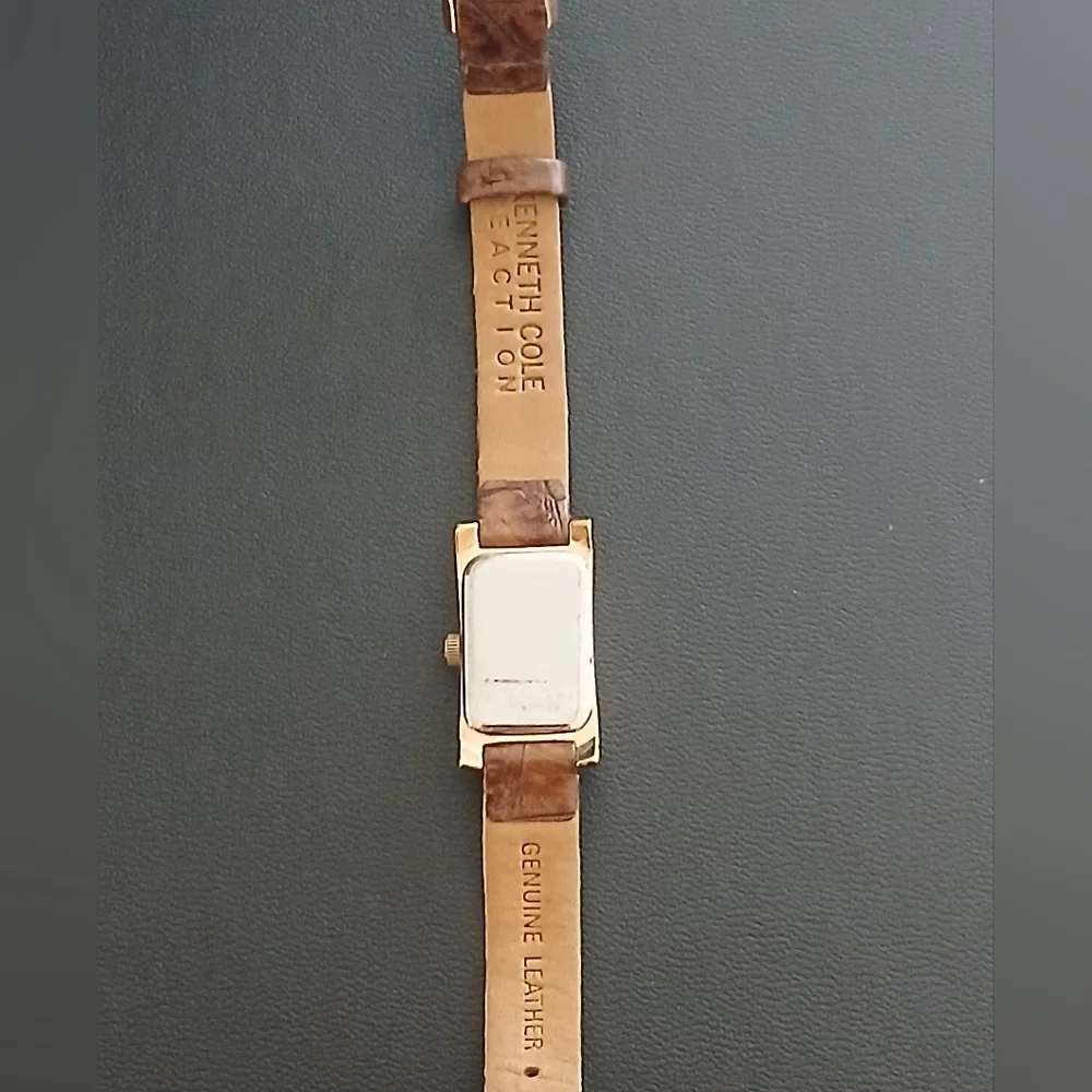 Vintage Genuine Leather Watch KENNETH COLE Women's Brown Rectangle Face Dainty